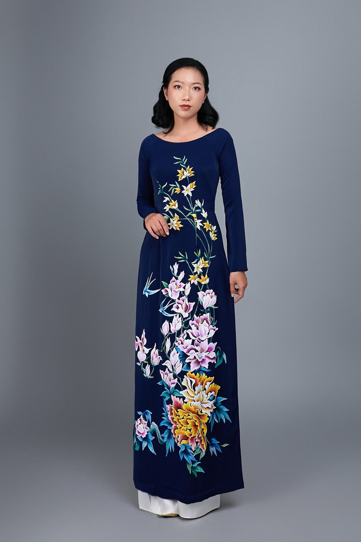 Custom made ao dai. Hand-painted, dark blue silk, traditional Vietname ...