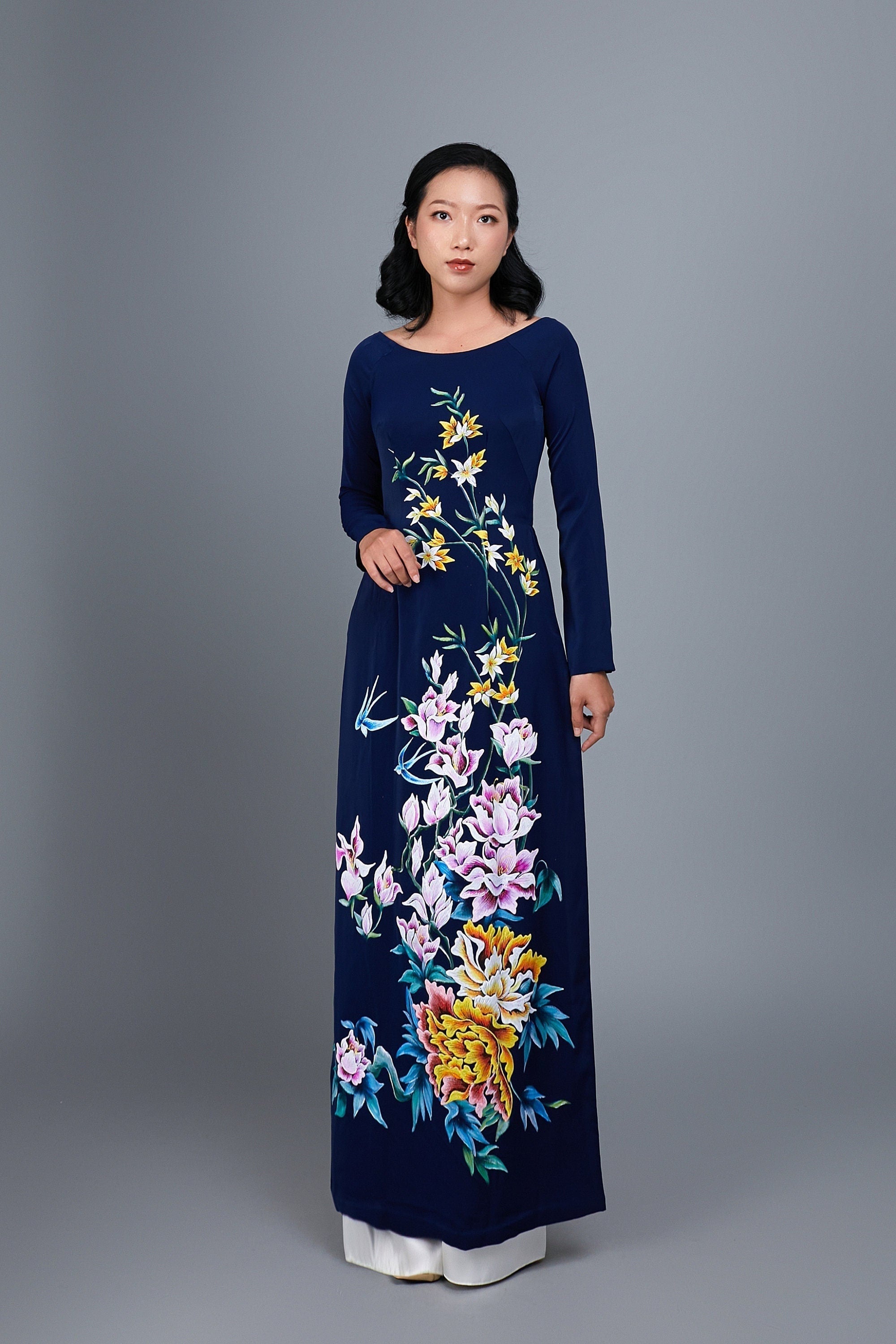 Custom made ao dai. Hand-painted, dark blue silk, traditional Vietname