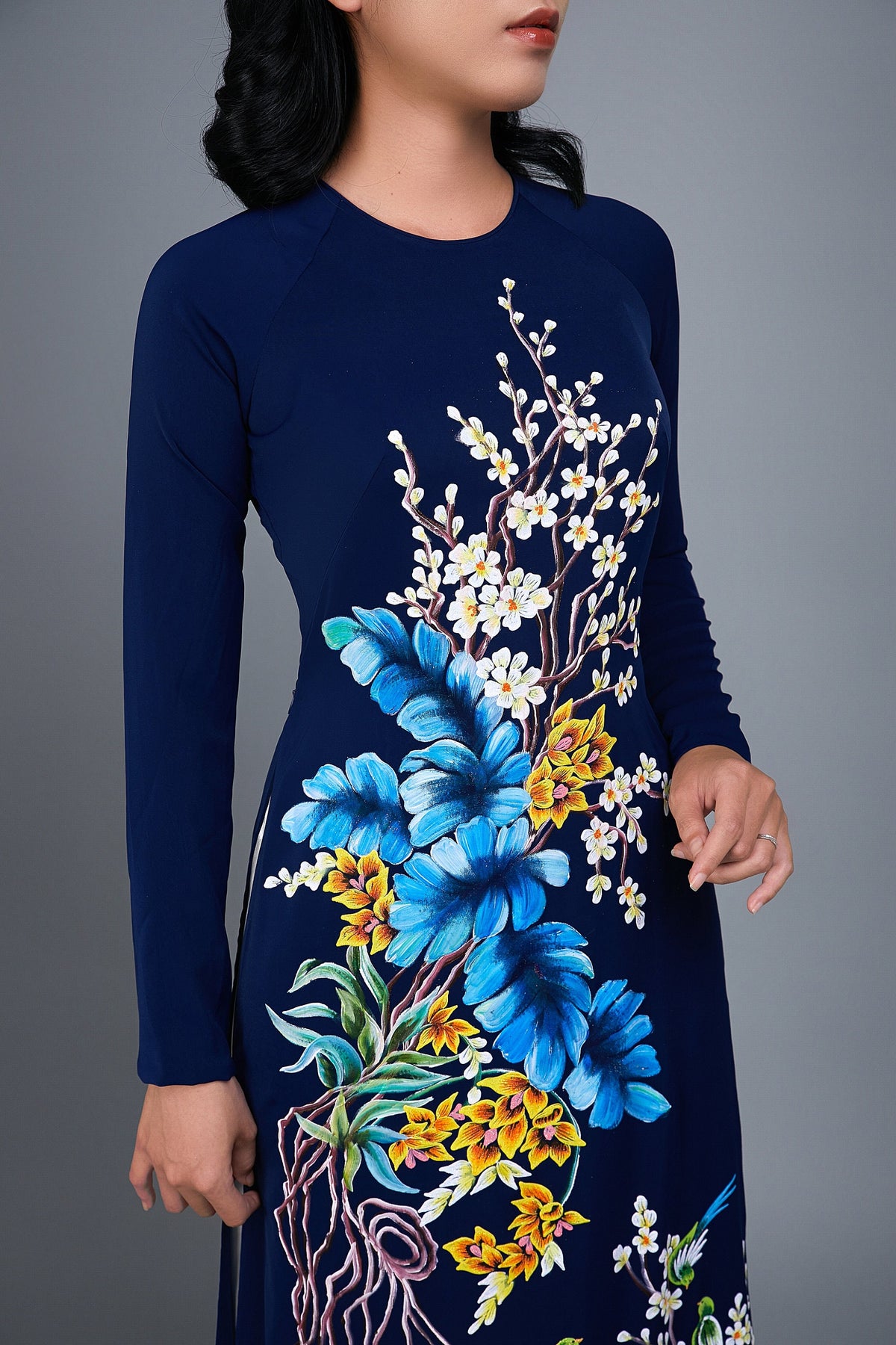 Custom made, hand-painted ao dai with spectactular floral motif on silk