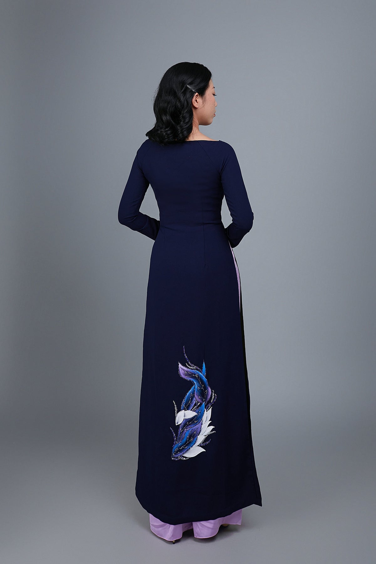 Custom Ao Dai.  Hand-painted floral motif on dark blue silk