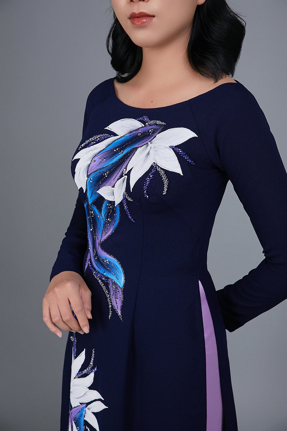 Custom Ao Dai.  Hand-painted floral motif on dark blue silk