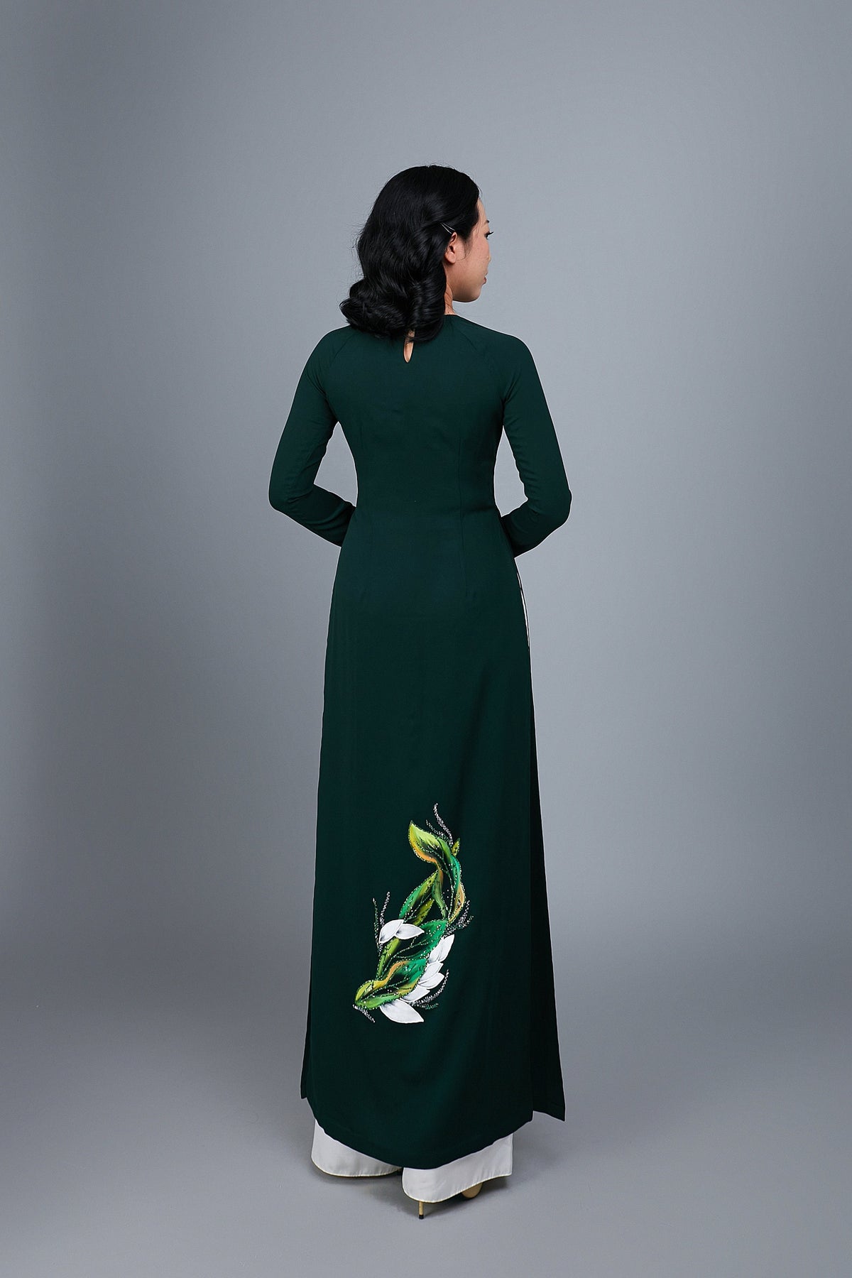 Custom made ao dai. Hand-painted, floral motif on green silk