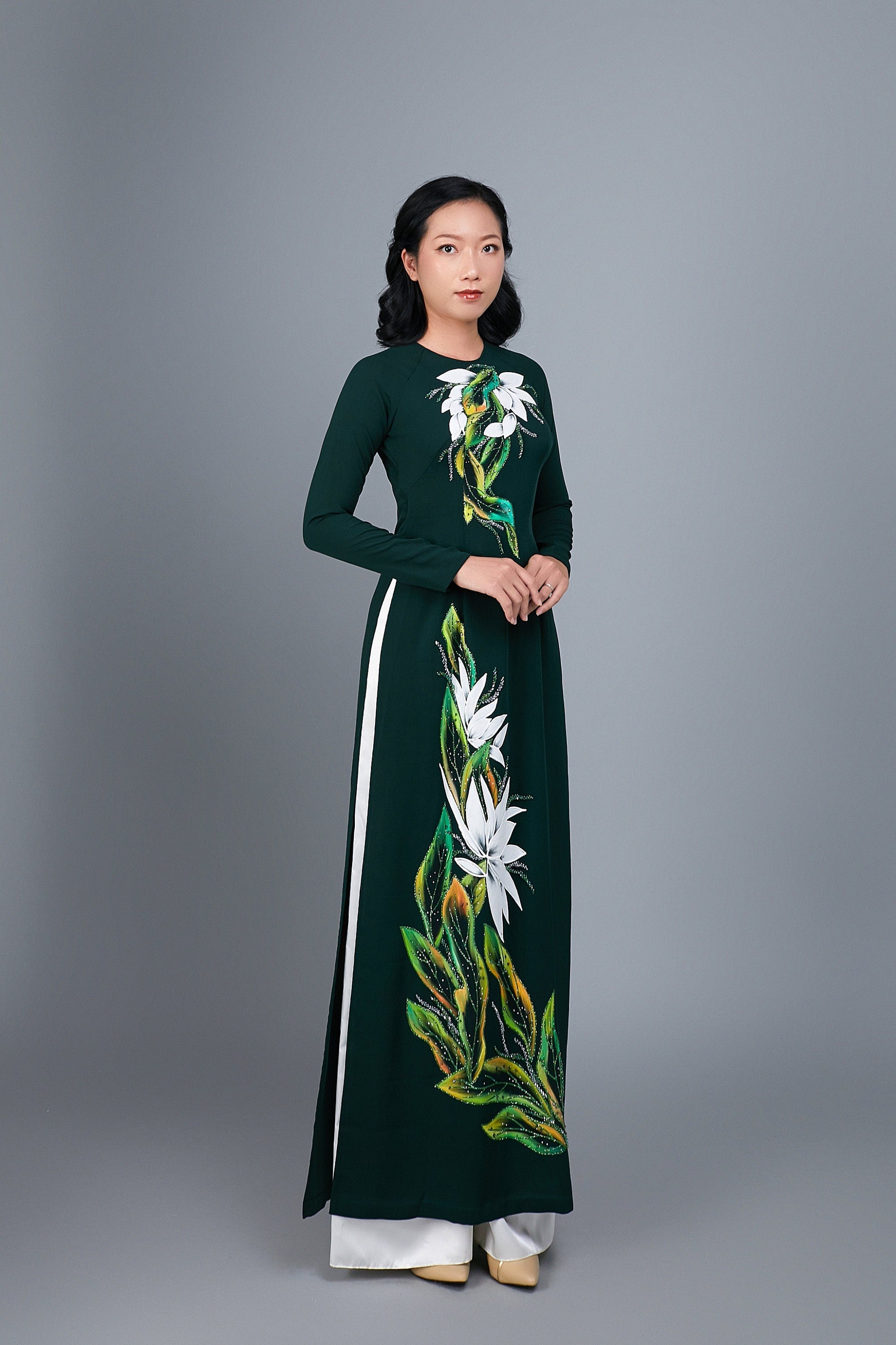 Custom made ao dai. Hand-painted, floral motif on black silk