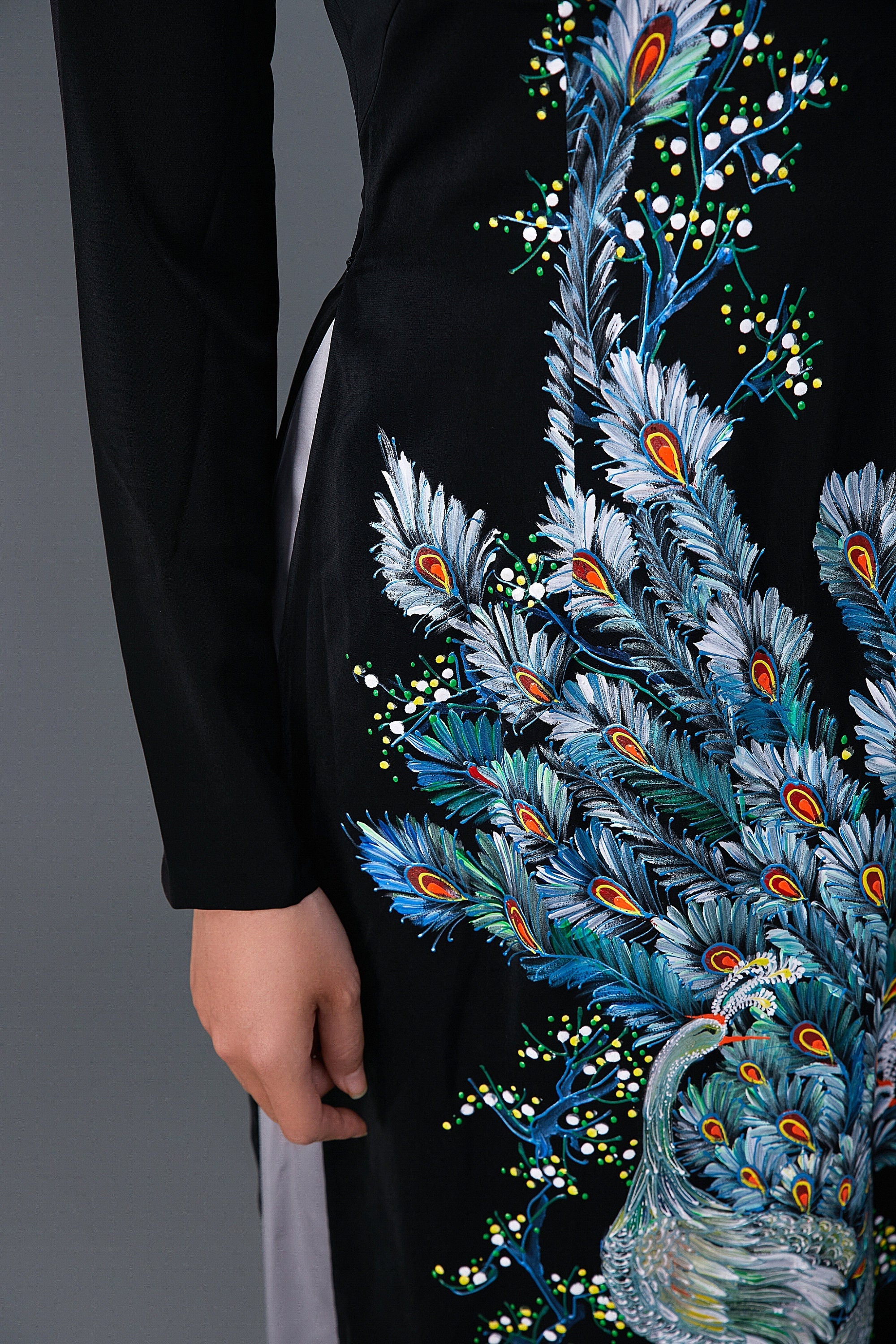 Custom made ao dai. Hand-painted peacock motif on black silk Custom made ao dai. Hand-painted peacock motif on black silk