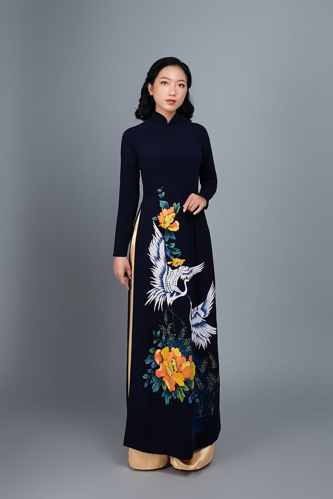 Custom made ao dai. Hand-painted, crane motif on black silk - Mark&Vy Ao Dai