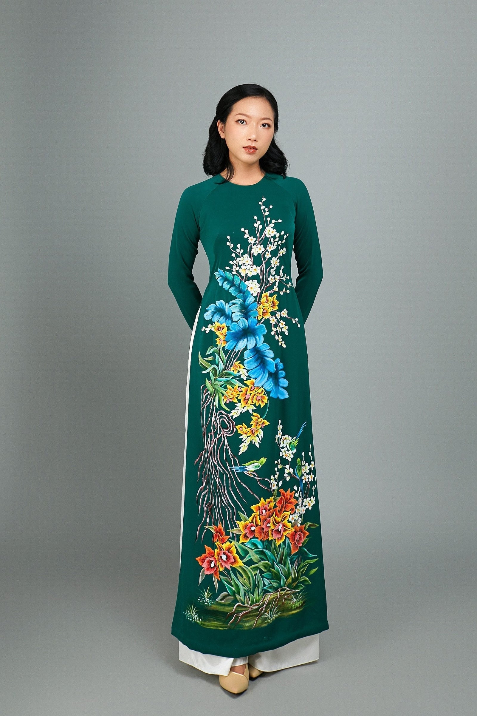 Custom Ao Dai. Stunning. hand-painted, floral motif on green silk
