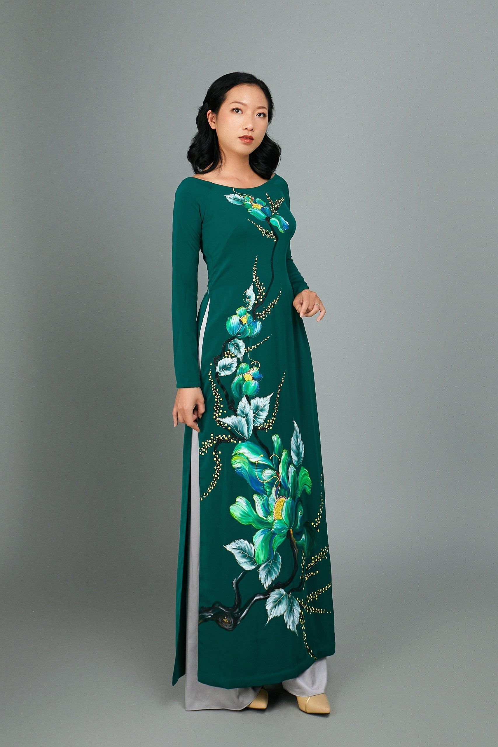 Custom Ao Dai. Hand-painted floral motif on green silk - Mark&Vy Ao Dai Custom Ao Dai. Hand-painted floral motif on green silk - Mark&Vy Ao Dai