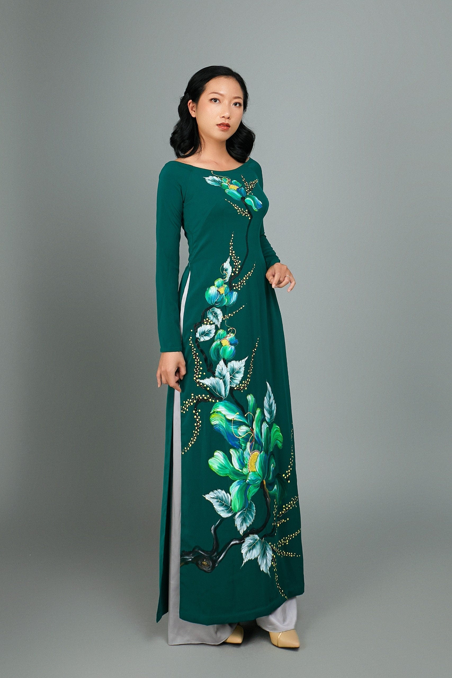Custom Ao Dai. Hand-painted floral motif on green silk