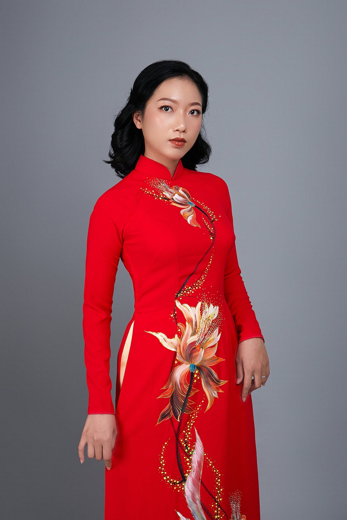 Custom made ao dai. Hand-painted, floral motif on red silk - Mark&Vy Ao Dai