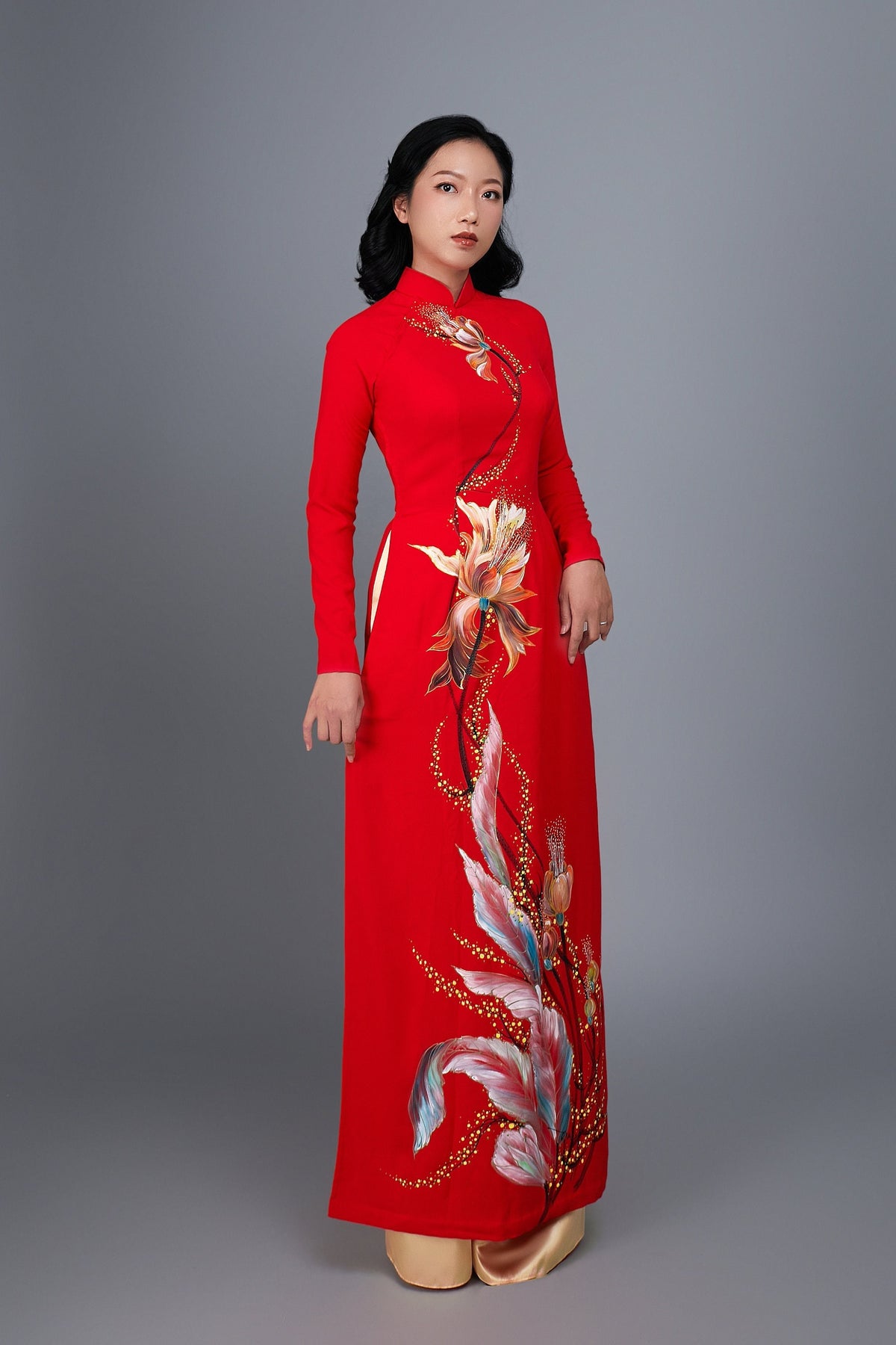 Custom made ao dai. Hand-painted, floral motif on red silk - Mark&Vy Ao Dai