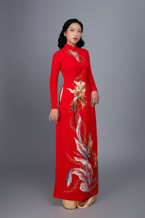 Custom made ao dai. Hand-painted, floral motif on red silk