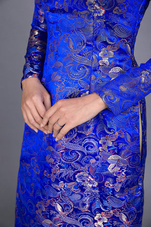 Only Sample ~ US size 4 - Custom made Vietnamese ao dai dress in blue brocade fabric; butterfly and flower motif.