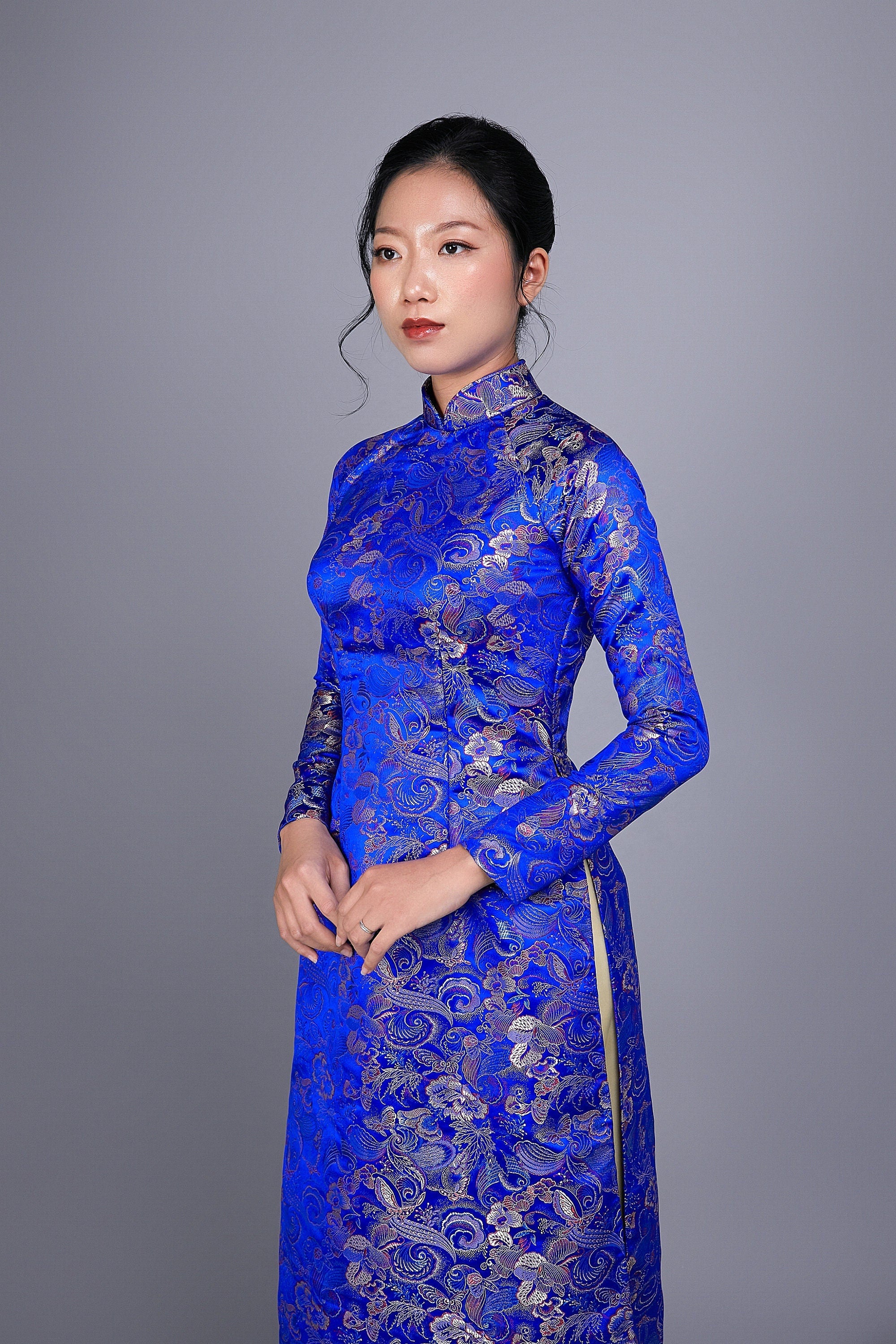 Only Sample ~ US size 4 - Custom made Vietnamese ao dai dress in blue brocade fabric; butterfly and flower motif.