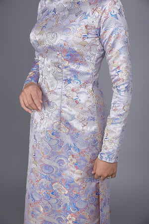 Custom made Vietnamese ao dai dress in white brocade fabric; butterfly and flower motif.