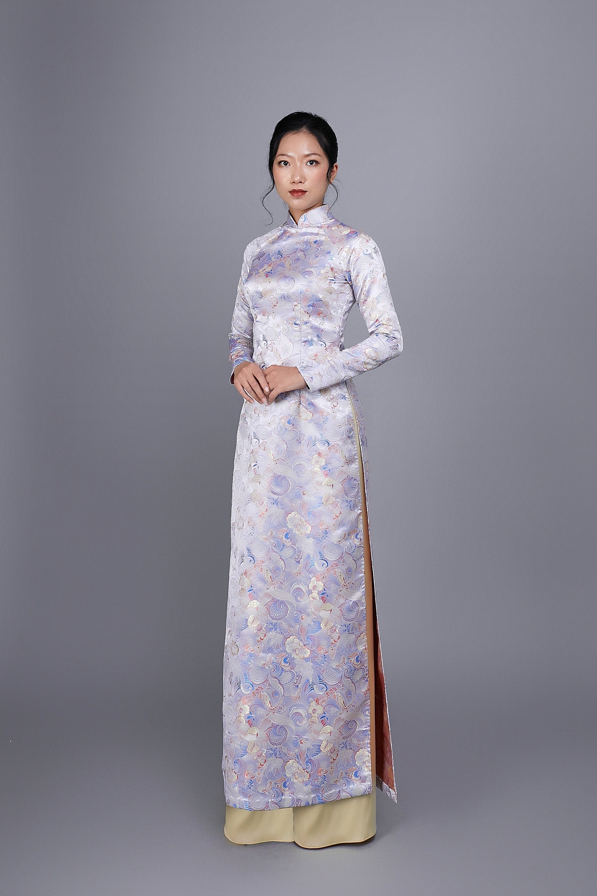 Custom made Vietnamese ao dai dress in white brocade fabric