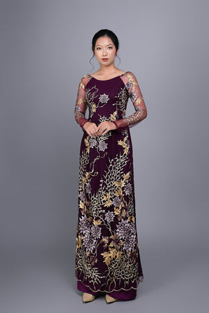 Custom Ao Dai. Floral motif lace over purple chiffon fabric.