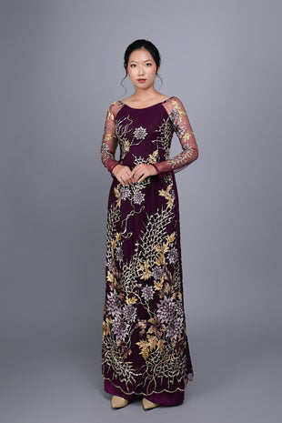 Custom Ao Dai. Black, floral motif lace over green, chiffon fabric. -  Mark&Vy Ao Dai