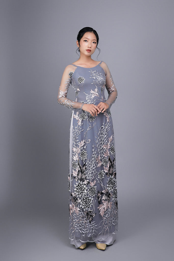 Custom Ao Dai. Floral motif lace over gray chiffon fabric