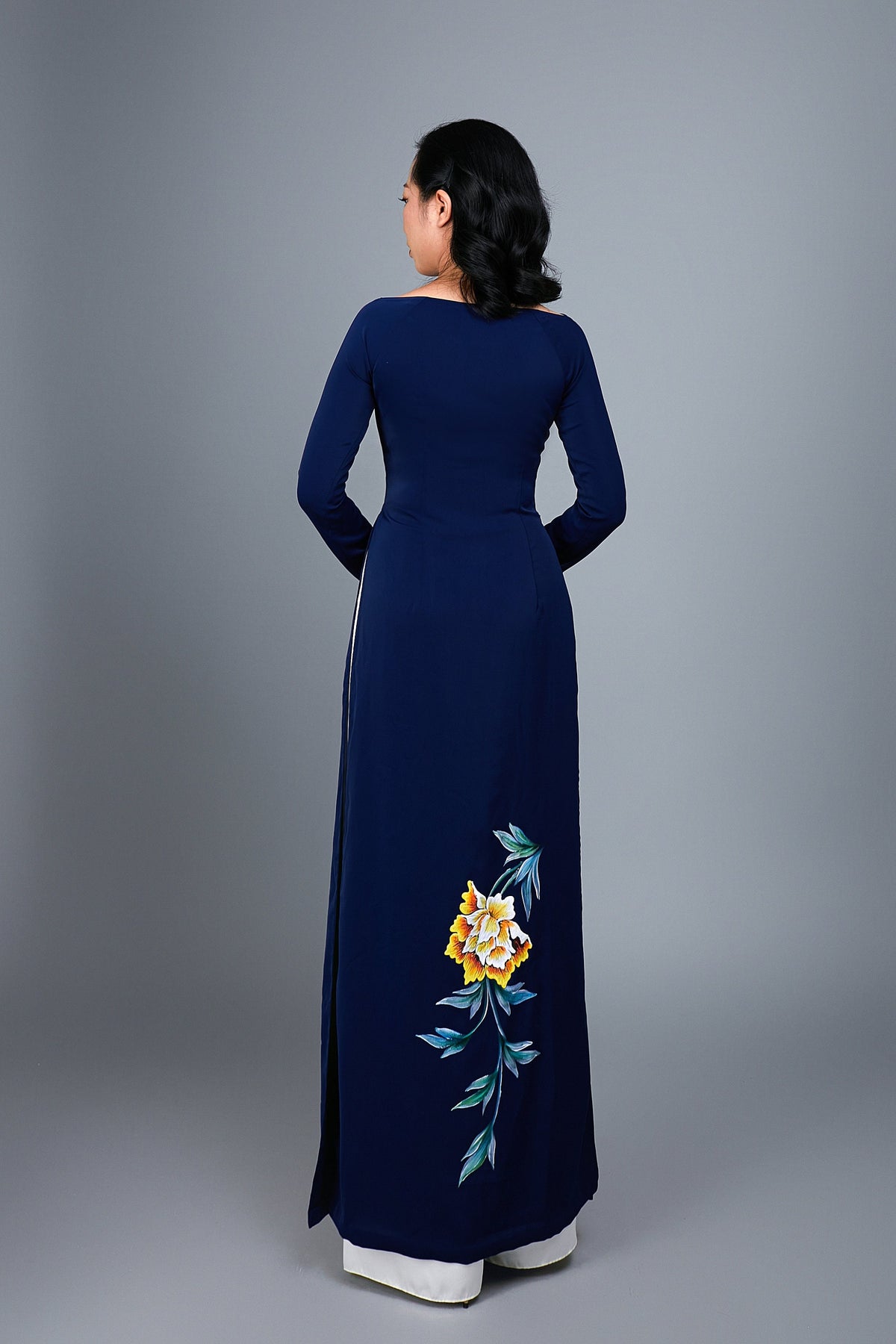 Custom made ao dai. Hand-painted, dark blue silk, traditional Vietnamese dress.