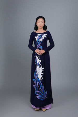 Custom Ao Dai.  Hand-painted floral motif on dark blue silk