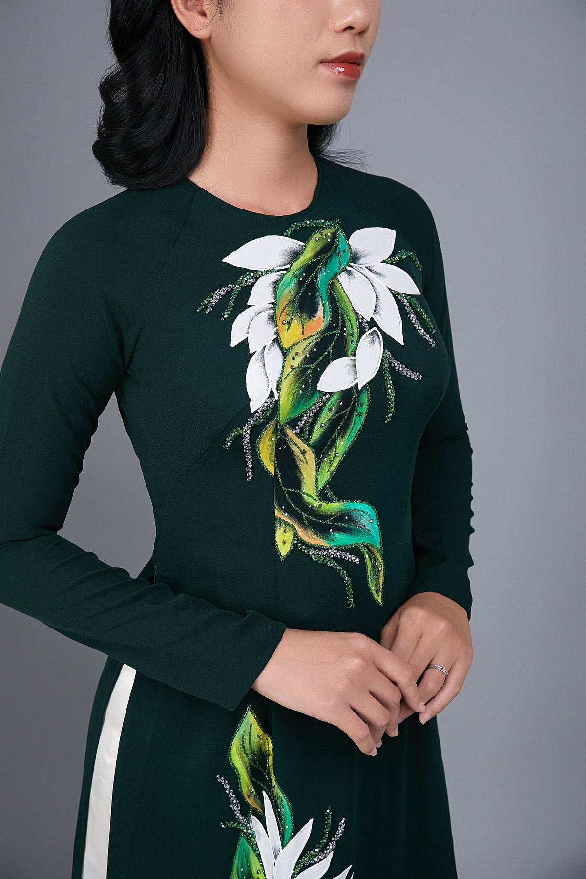 Custom made ao dai. Hand-painted, floral motif on green silk
