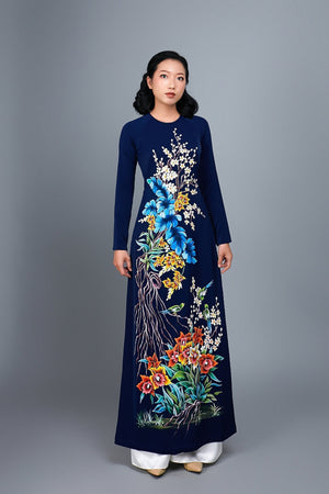 Custom made, hand-painted ao dai with spectactular floral motif on silk