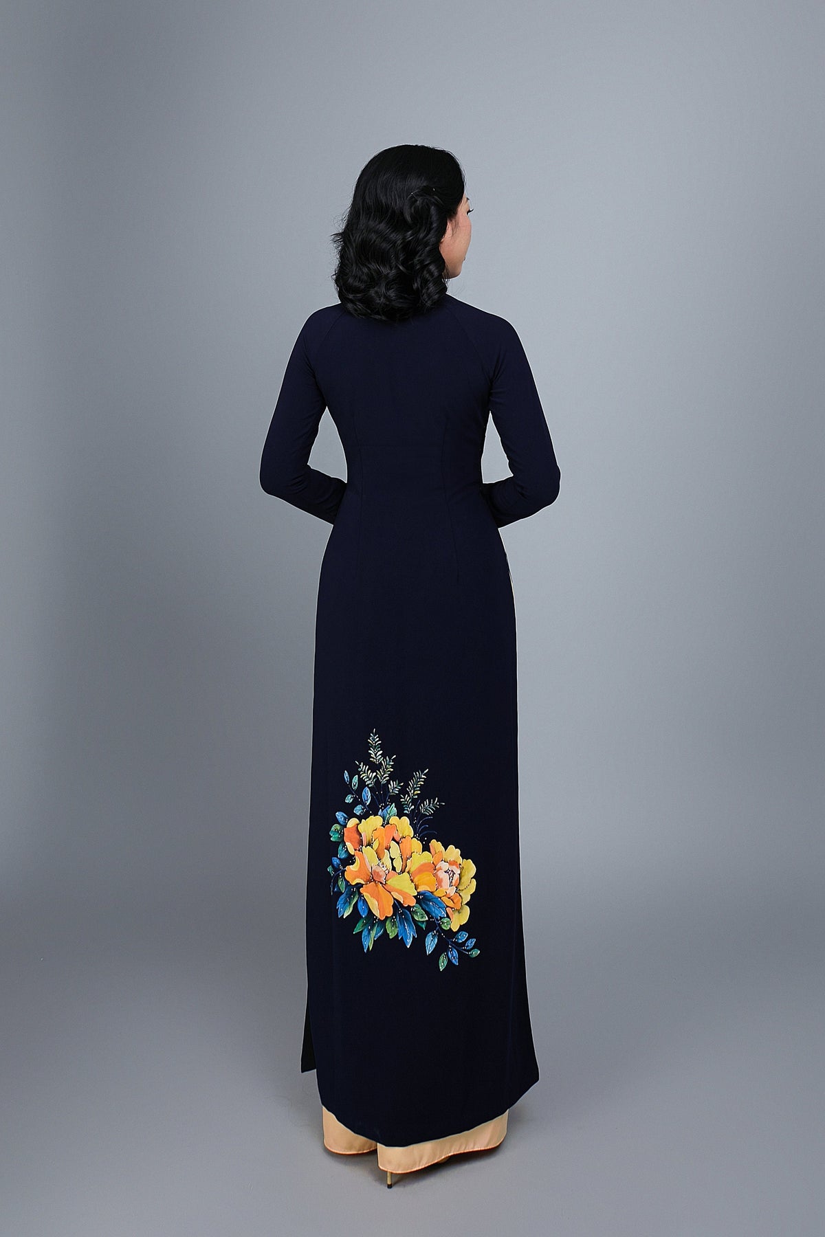 Custom made ao dai. Hand-painted, crane motif on dark blue silk