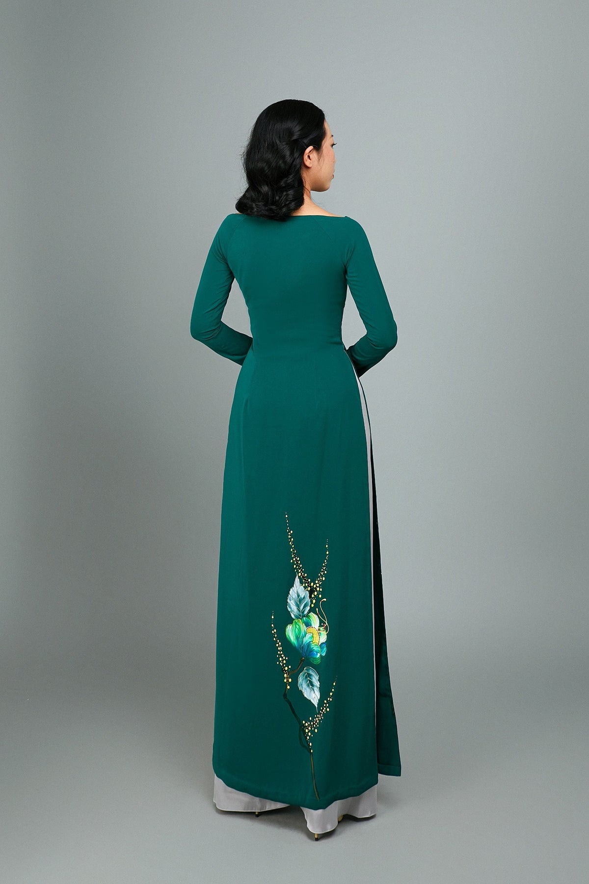 Custom Ao Dai. Hand-painted floral motif on green silk