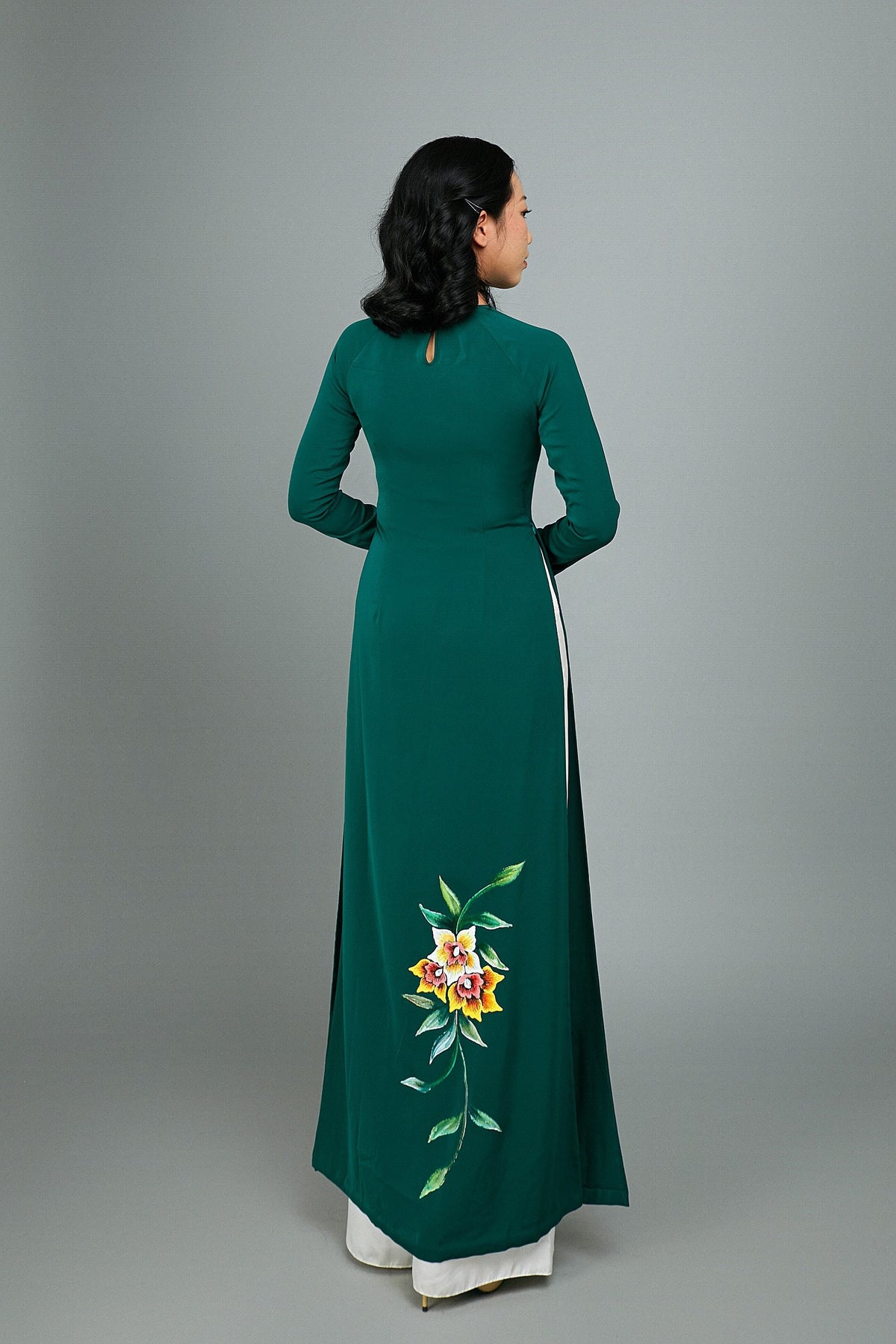 Custom Ao Dai. Stunning. hand-painted, floral motif on green silk