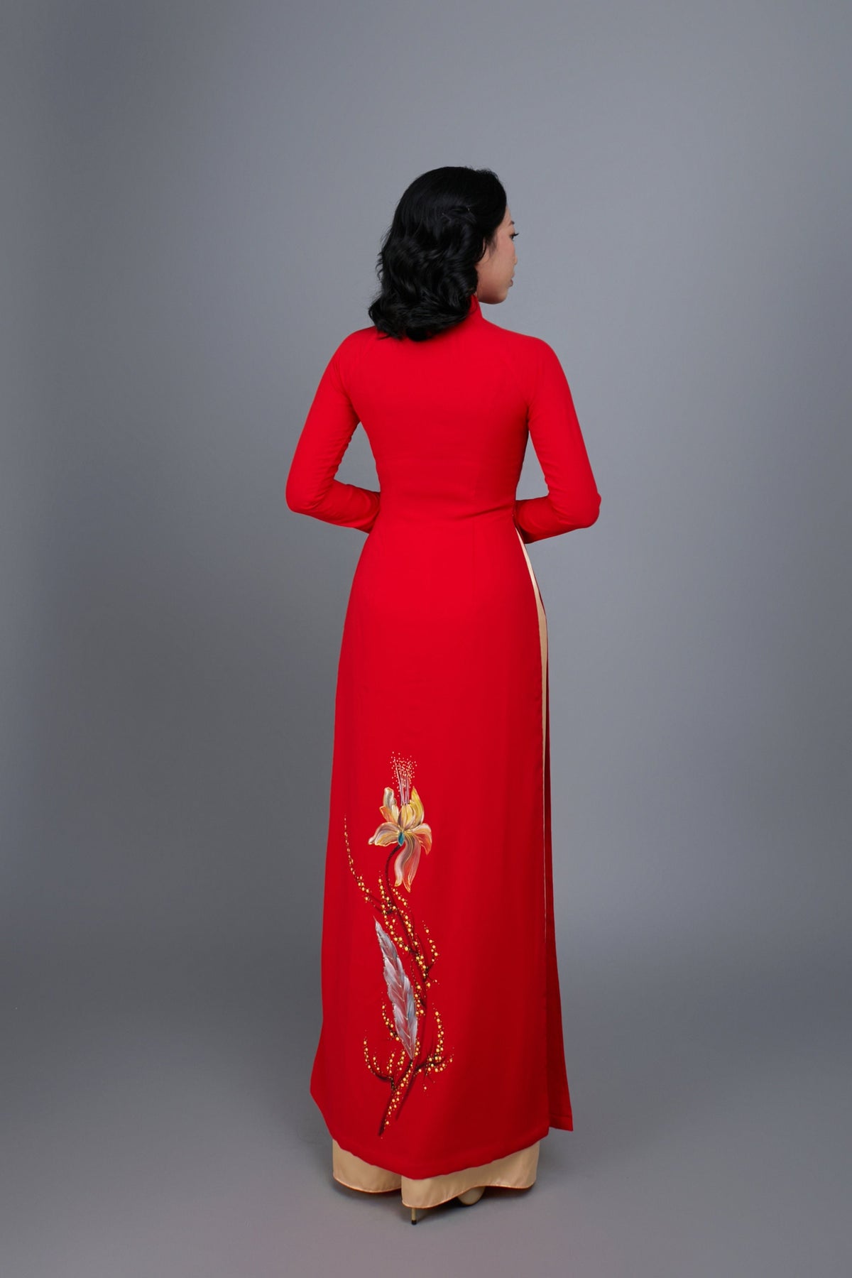 Custom made ao dai. Hand-painted, floral motif on red silk