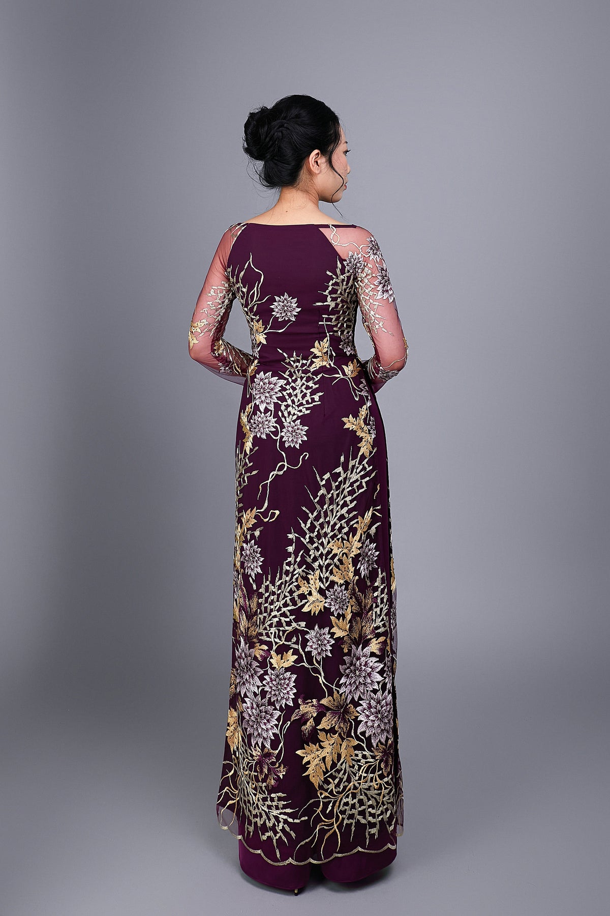 Custom Ao Dai. Floral motif lace over purple chiffon fabric.
