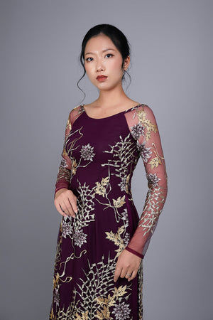 Custom Ao Dai. Floral motif lace over purple chiffon fabric.