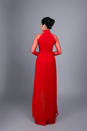 Only Sample Remaining ~ US size 6 - Wedding ao dai in red chiffon fabric. Features beautiful hand beading.