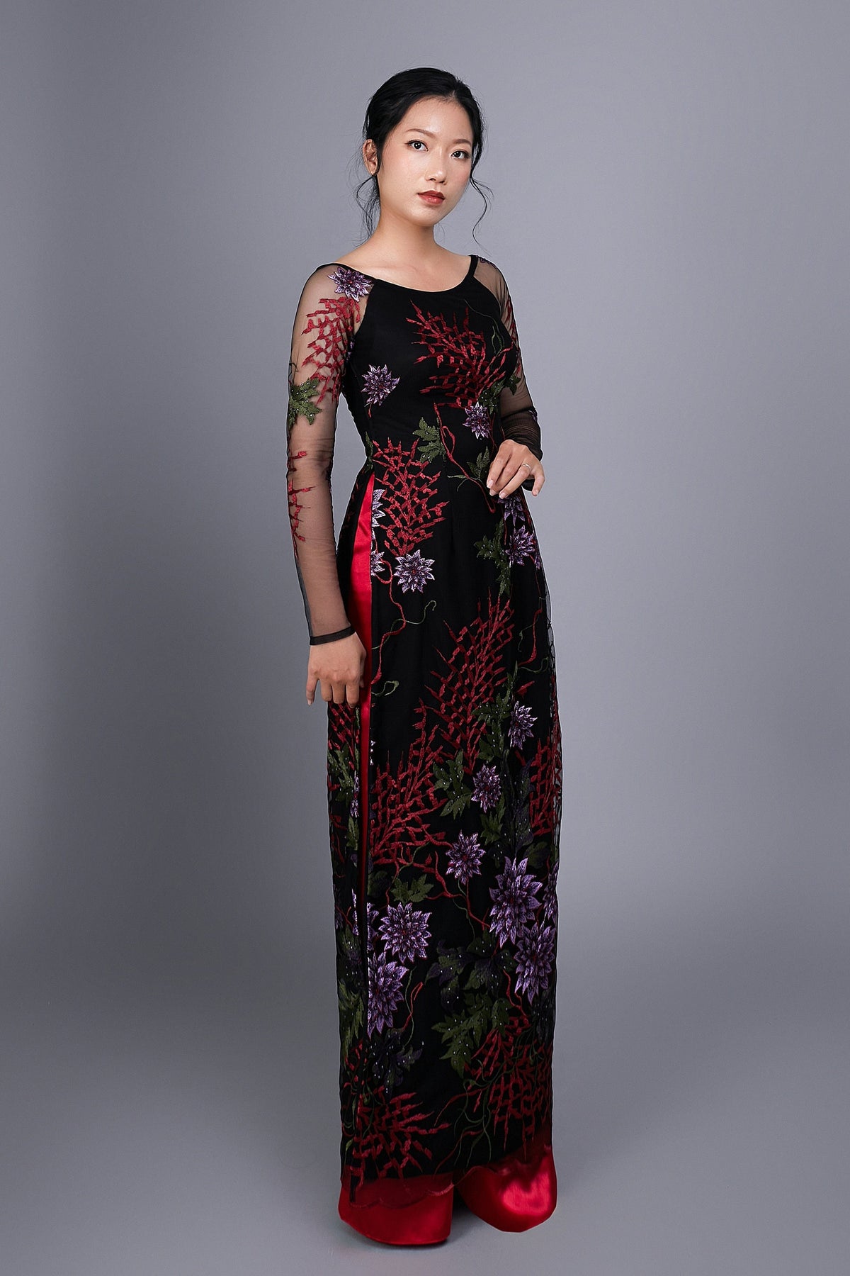 Custom Ao Dai. Floral motif lace over black chiffon fabric.