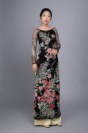 Custom Ao Dai (traditional Vietnamese dress). Floral motif lace over b -  Mark&Vy Ao Dai