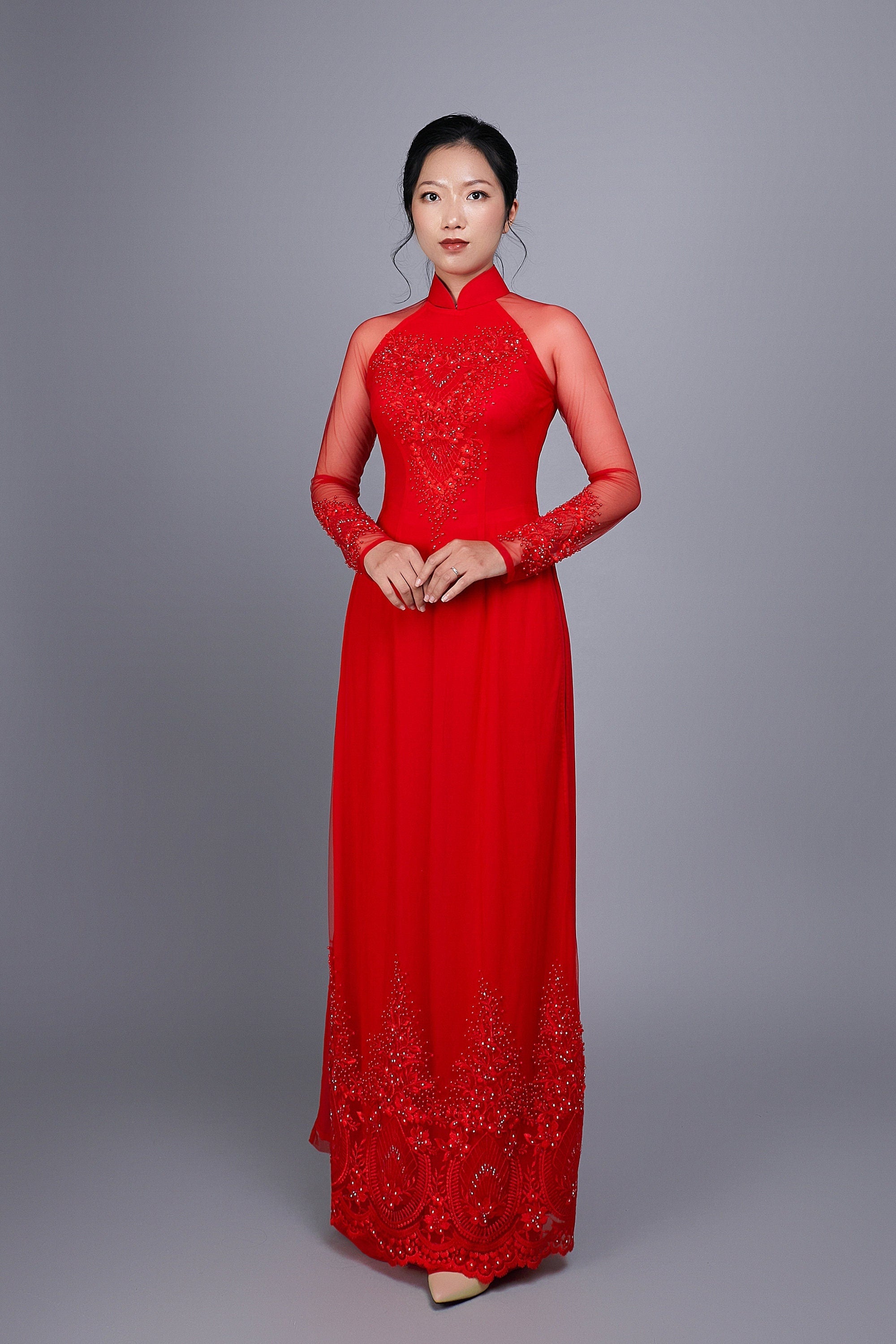 Only Sample Remaining ~ US size 6 - Wedding ao dai in red chiffon fabric. Features beautiful hand beading.