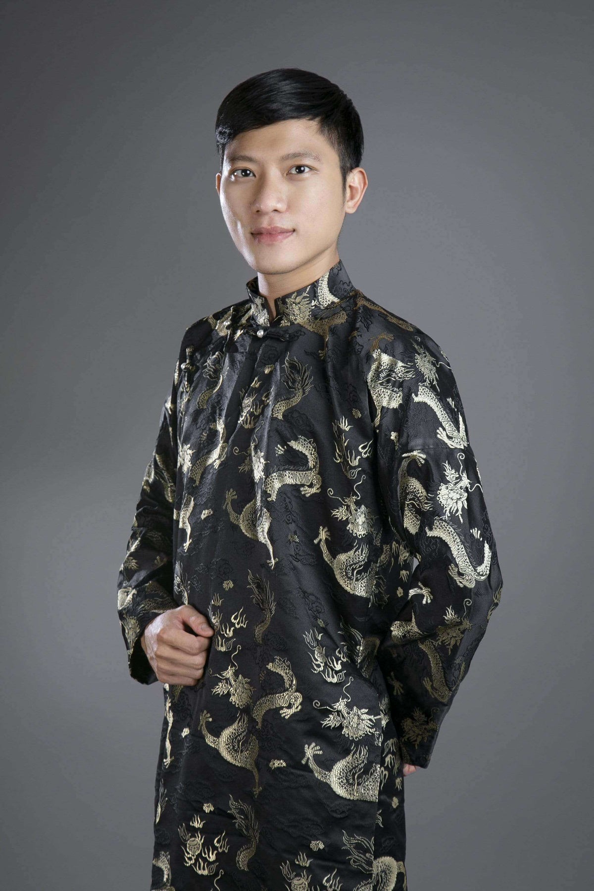 Mark&Vy Ao Dai ao dai Men's ao dai Vietnamese traditional tunic for wedding, graduation etc. Black silk brocade fabric ao dai and matching hat/turban.