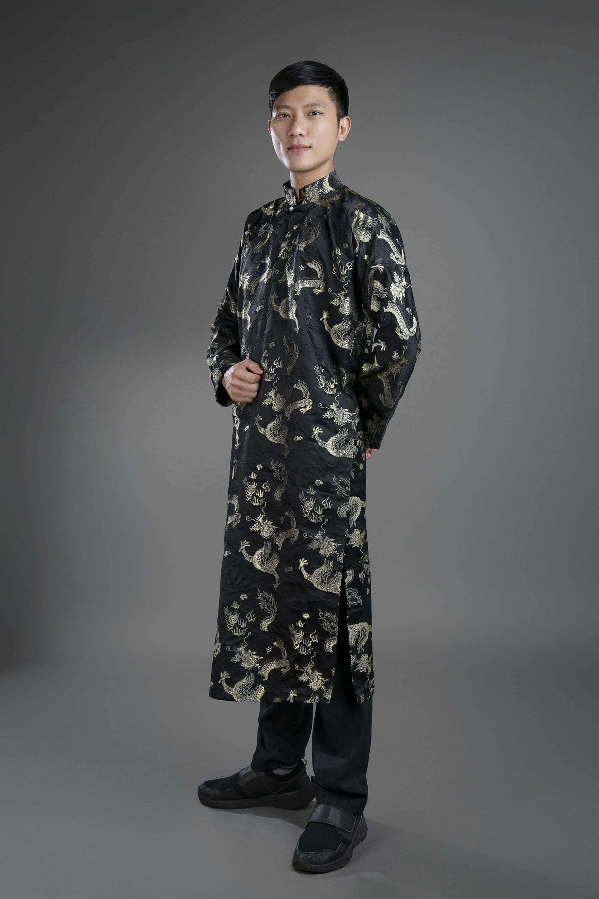 Mark&Vy Ao Dai ao dai Men's ao dai Vietnamese traditional tunic for wedding, graduation etc. Black silk brocade fabric ao dai and matching hat/turban.