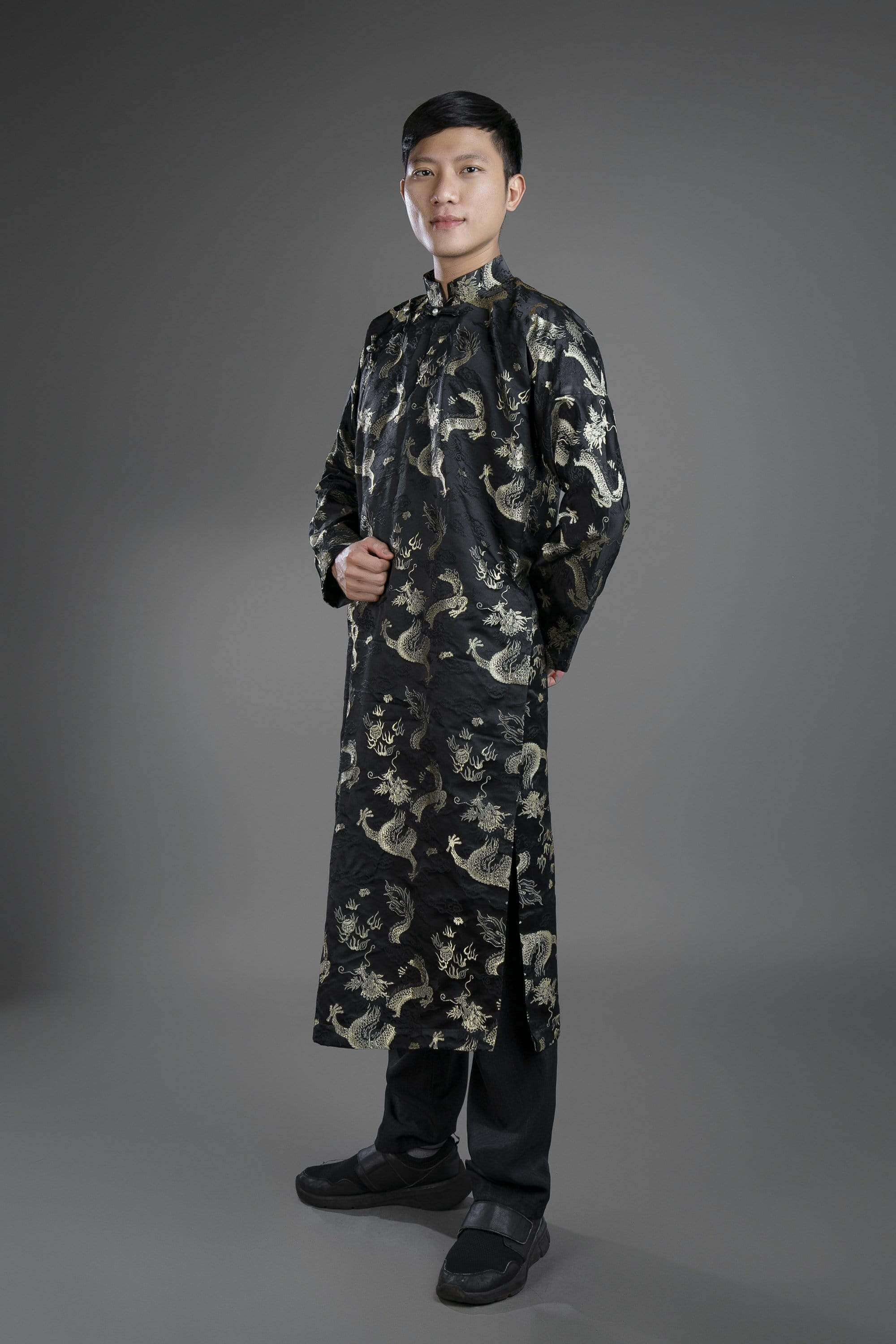 Black Ao Dai for men, Hand Painted Vietnamese Traditional Long Dress for  Men
