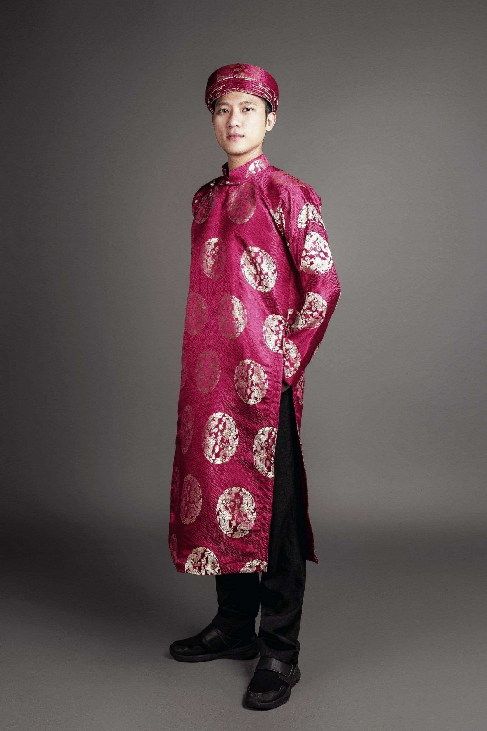 Red Ao Dai Vietnam for Men, Dragon Hand-drawn Vietnamese Traditional Costume,  Vietnamese Traditional Clothing 