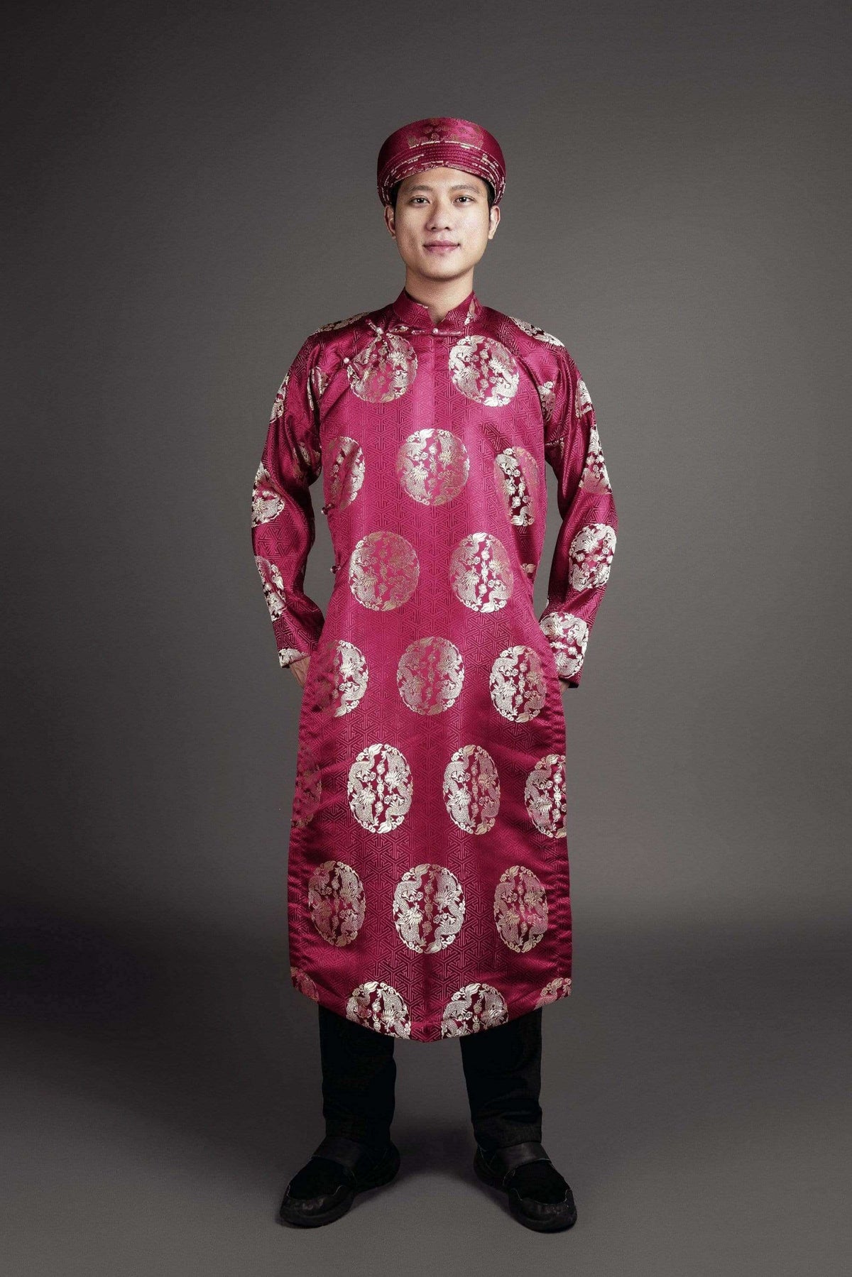 Mark&Vy Ao Dai ao dai Men's ao dai Vietnamese traditional tunic for wedding, graduation etc. Wine color silk brocade fabric ao dai and matching hat/turban.