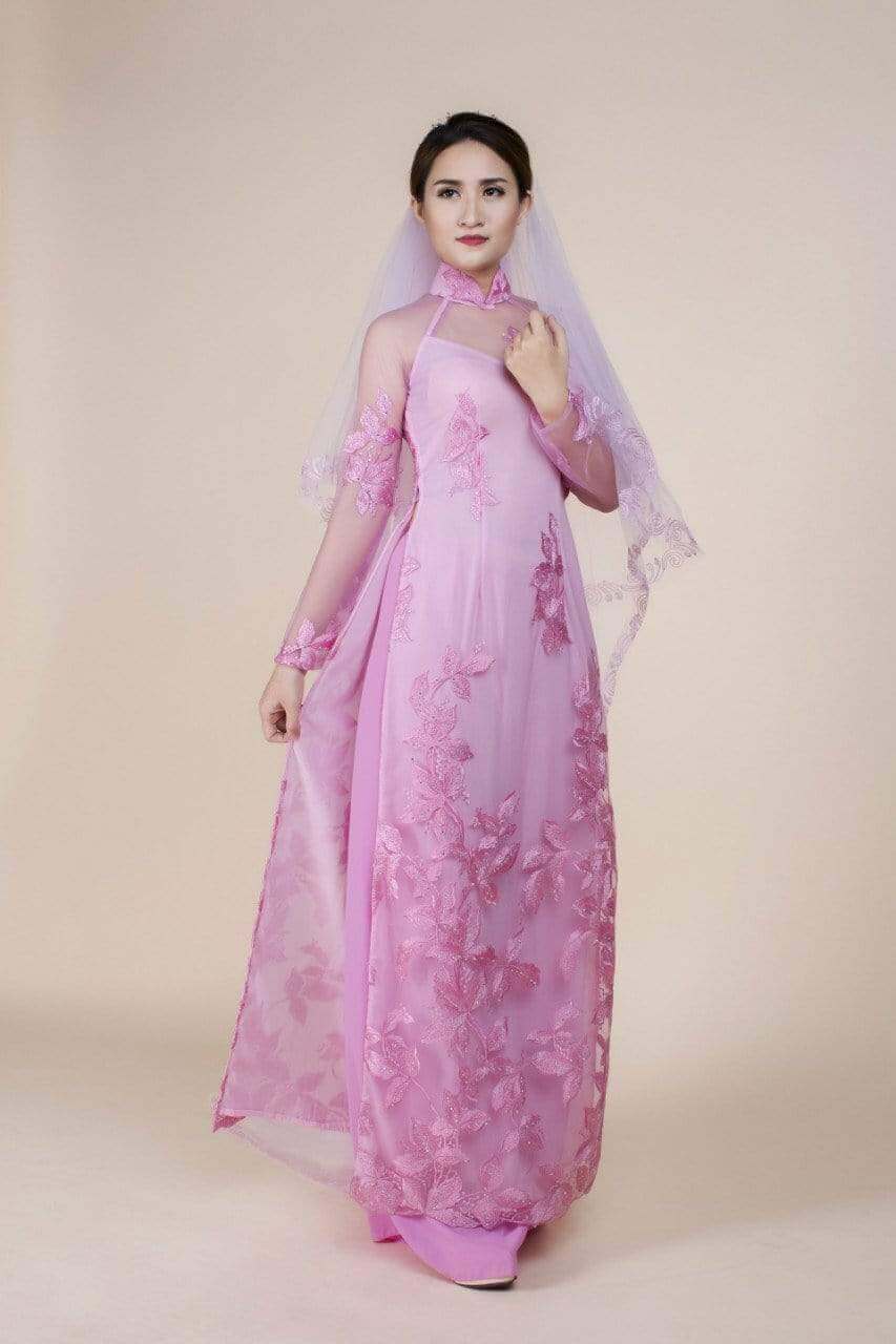 Mark&Vy Ao Dai Pink, lace and chiffon wedding ao dai. Leaf pattern embroidery.