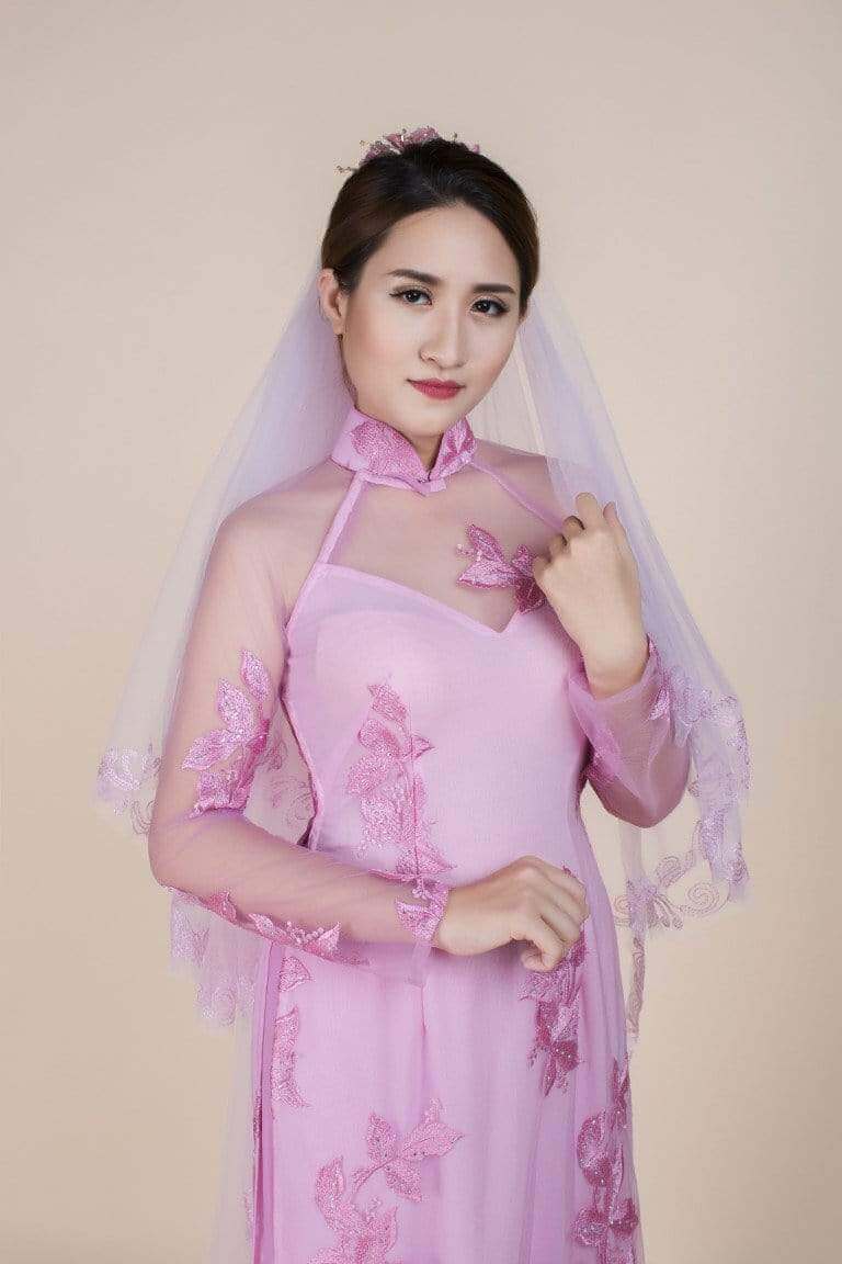 Mark&Vy Ao Dai Pink, lace and chiffon wedding ao dai. Leaf pattern embroidery.