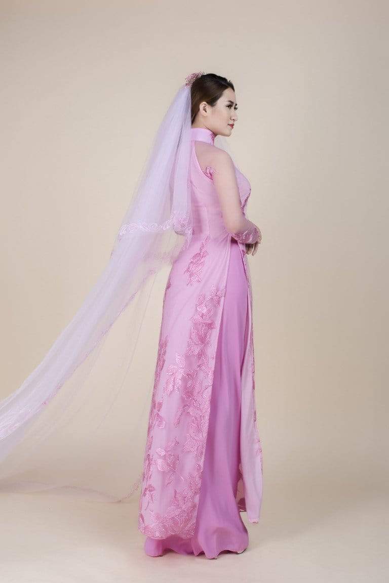 Only Sample US Size 4 - Pink, lace and chiffon wedding ao dai. Leaf pattern embroidery.