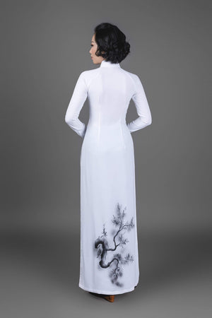 Mark&Vy Ao Dai Vietnamese Ao Dai dress in white silk fabric. Hand-painted, pagoda motif. LAC00401802