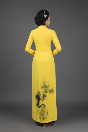 Mark&Vy Ao Dai Vietnamese Ao Dai dress in yellow silk fabric. Hand-painted, pagoda motif. HAN007YELLOW