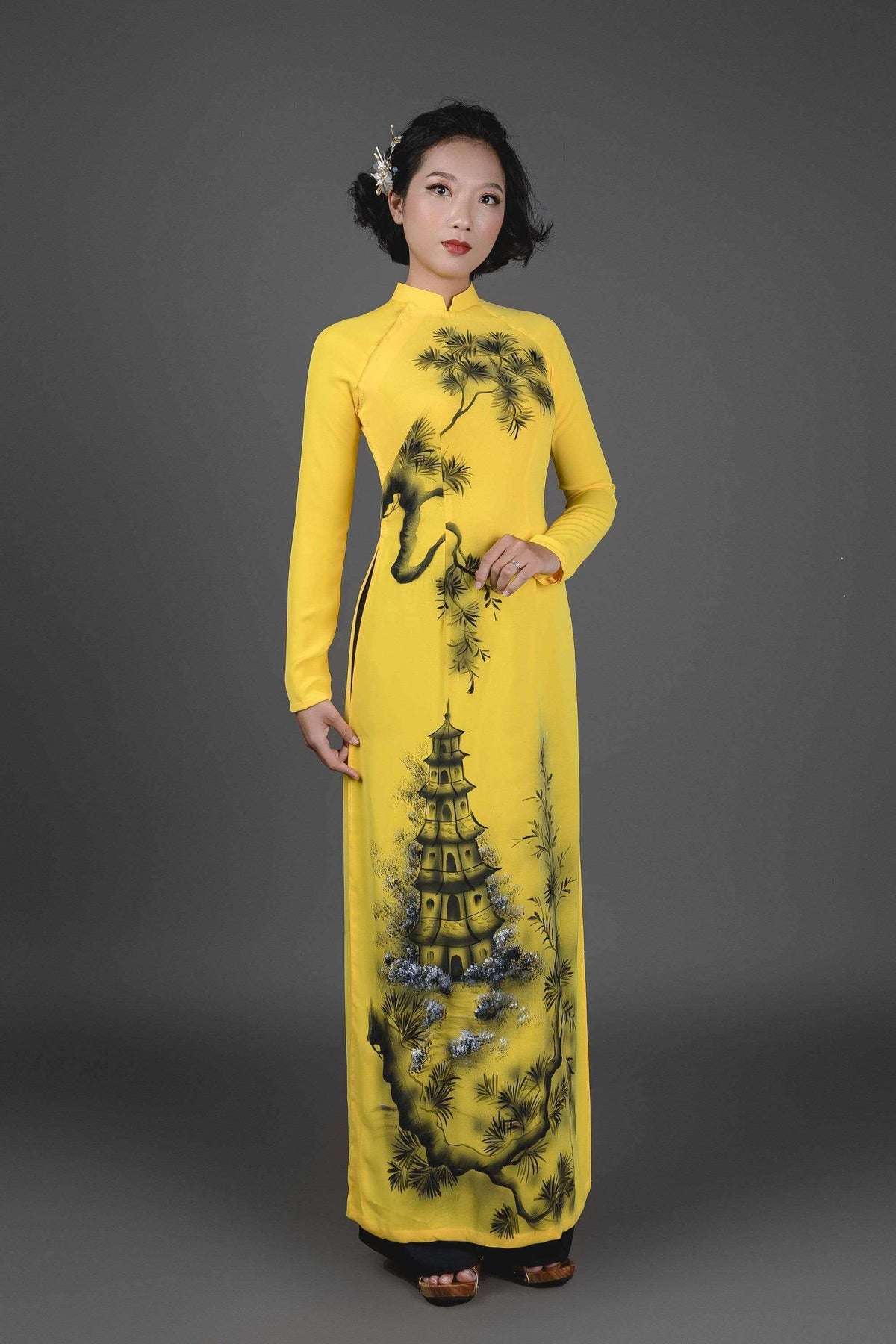 Mark&Vy Ao Dai Vietnamese Ao Dai dress in yellow silk fabric. Hand-painted, pagoda motif. HAN007YELLOW
