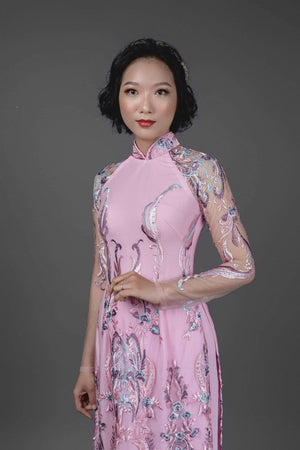 Mark&Vy Ao Dai Vietnamese Ao Dai with pants. Custom made. Pink and blue lace over pink chiffon fabric. LAC015016002
