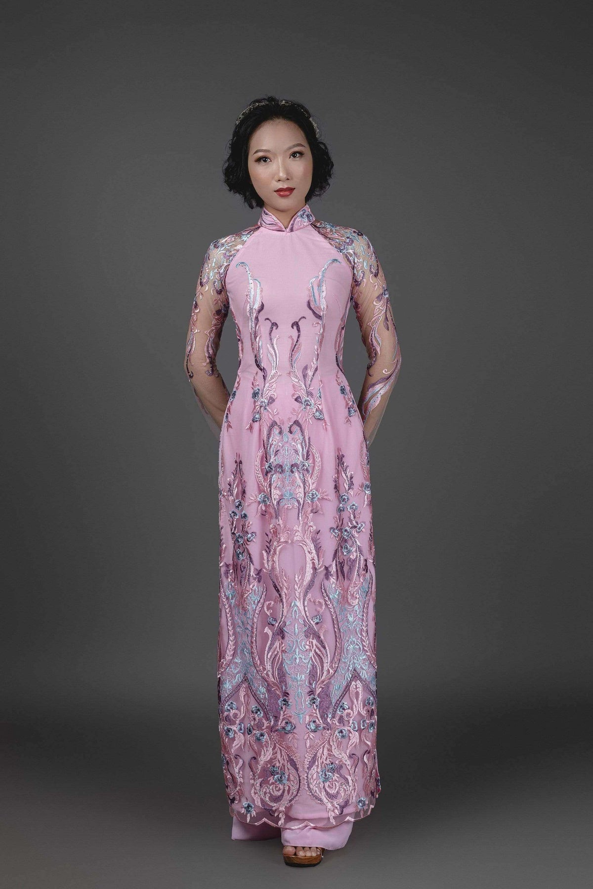 Mark&Vy Ao Dai Vietnamese Ao Dai with pants. Custom made. Pink and blue lace over pink chiffon fabric. LAC015016002