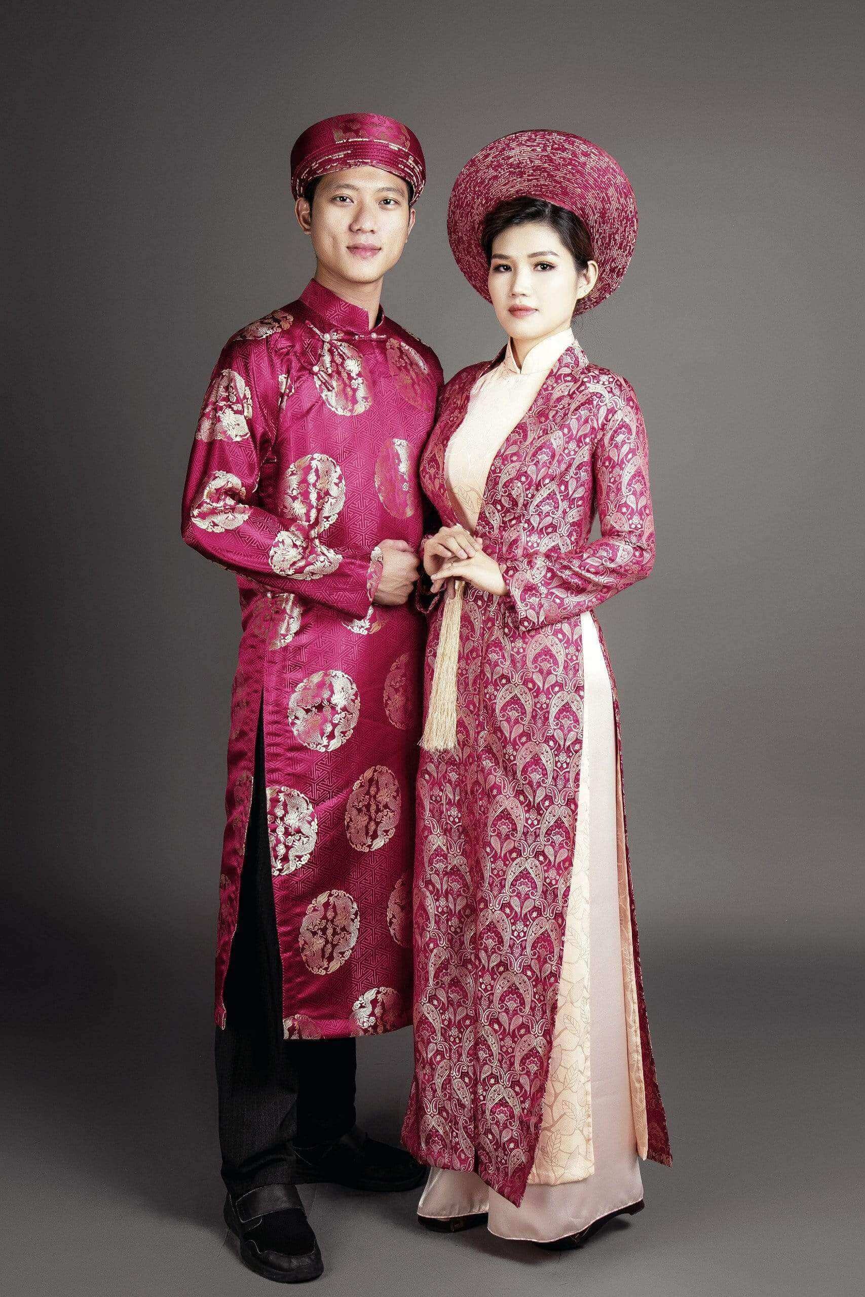 Mark&Vy Ao Dai Wedding Ao Dai package. All inclusive: Women's & men's ao dai, and Women's long coat, and Women's AND men's headpieces.